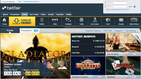 Screenshot of Betfair Online Casino